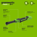 24V PowerAll 60 ft-lb 3/8" Extended Reach Ratchet Wrench, with 2.0 Ah Battery, 30W Charger, and 3' Cable