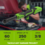 24V PowerAll 60 ft-lb 3/8" Extended Reach Ratchet Wrench, with 2.0 Ah Battery, 30W Charger, and 3' Cable