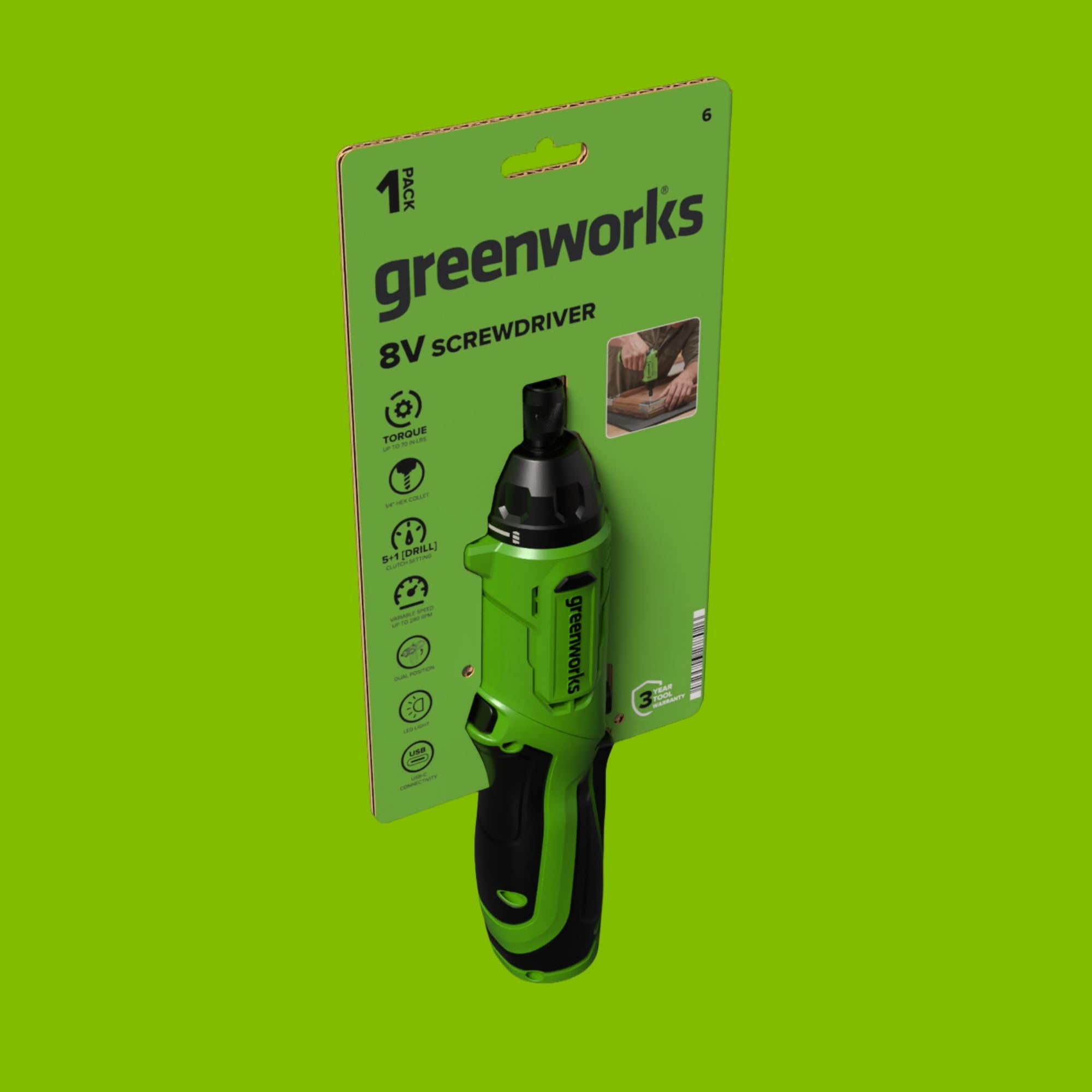8V Dual-Position Screwdriver, 70 in-lb Torque, 5+1 [Drill] Clutch Settings, with Phillips and Slotted Bits and USB-C Charging Cable