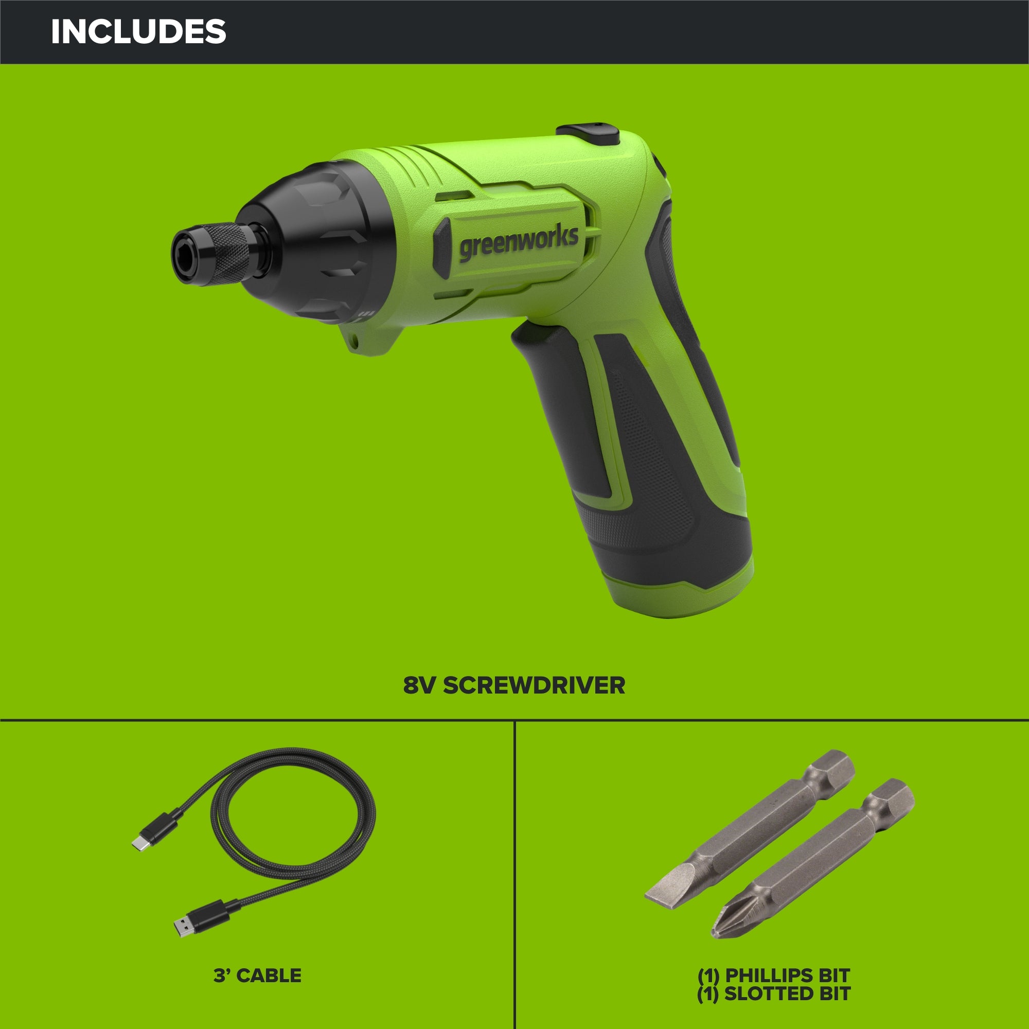 8V Dual-Position Screwdriver, 70 in-lb Torque, 5+1 [Drill] Clutch Settings, with Phillips and Slotted Bits and USB-C Charging Cable
