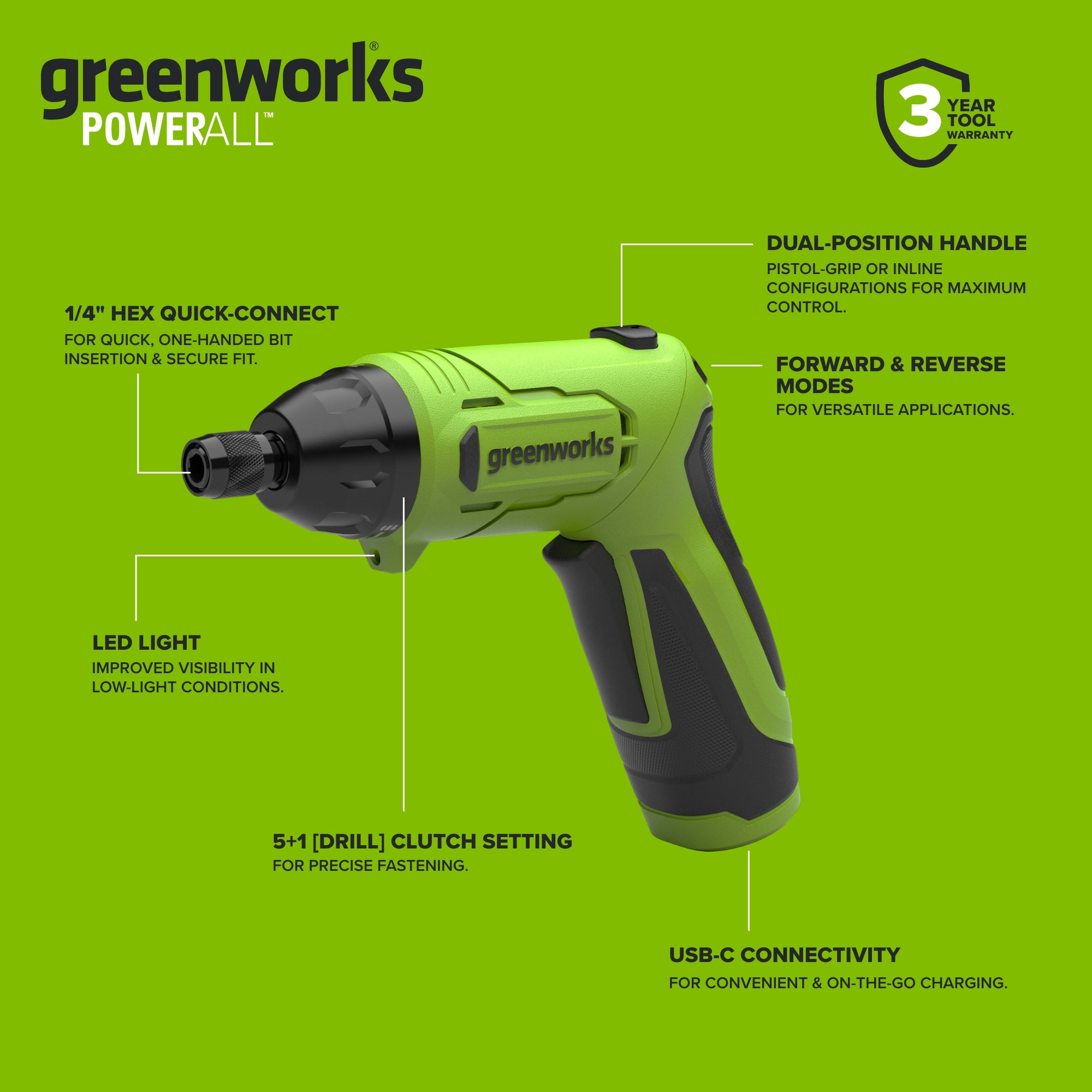 8V Dual-Position Screwdriver, 70 in-lb Torque, 5+1 [Drill] Clutch Settings, with Phillips and Slotted Bits and USB-C Charging Cable