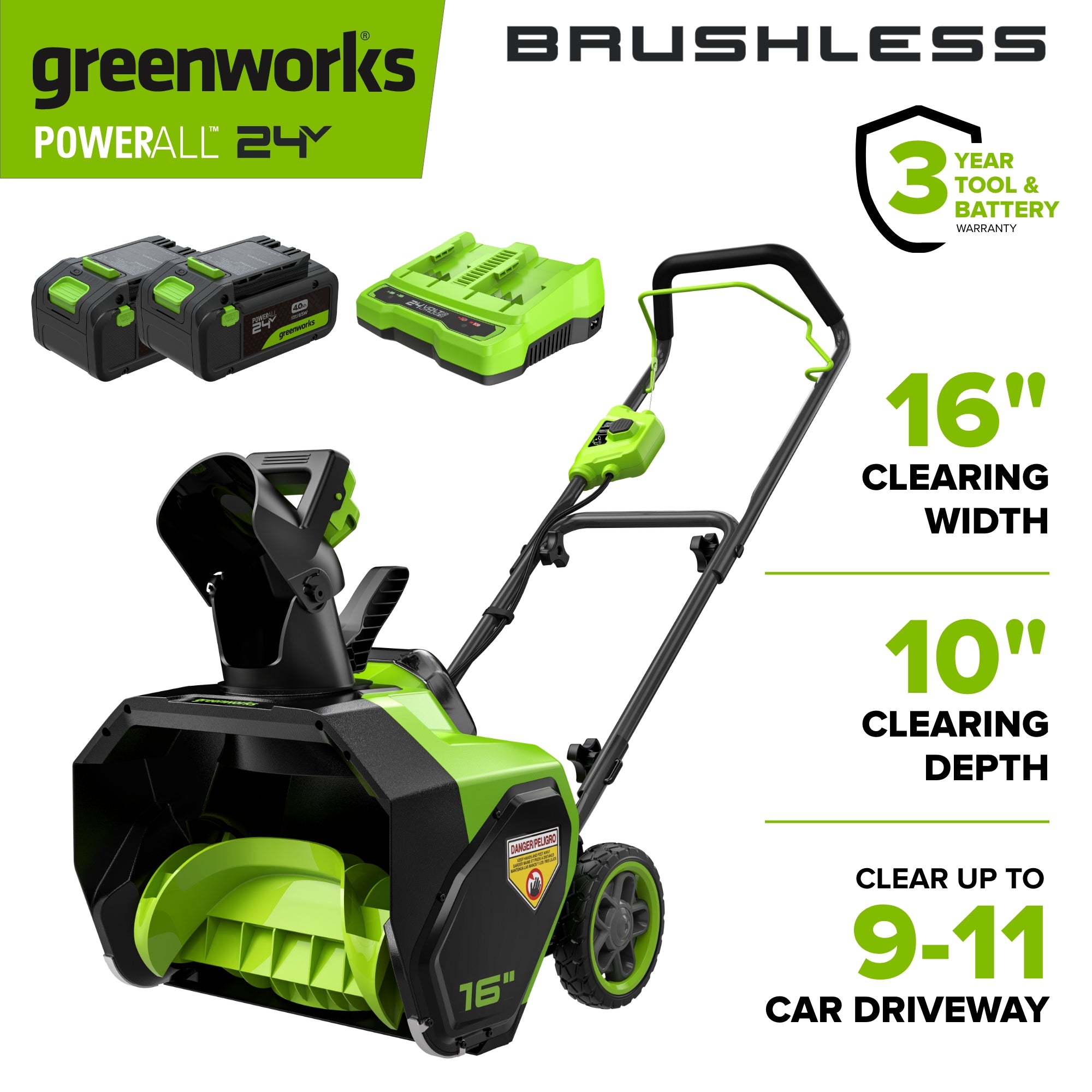 48V (24V x 2) 16" Cordless Battery Snow Blower: (2)4.0 Ah Battery and Charger