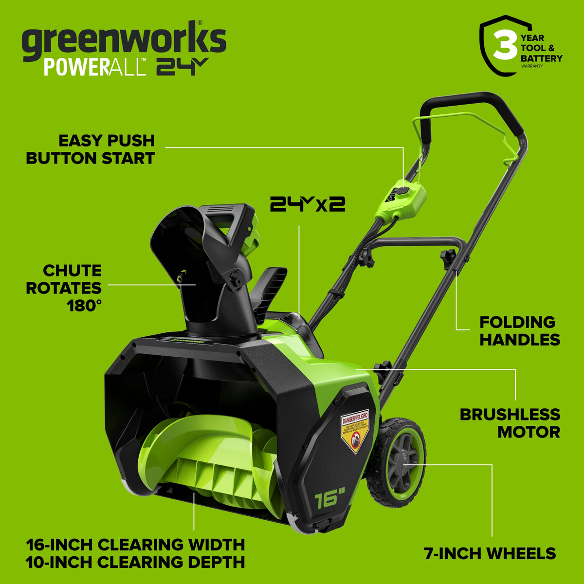 48V (24V x 2) 16" Cordless Battery Snow Blower: (2)4.0 Ah Battery and Charger