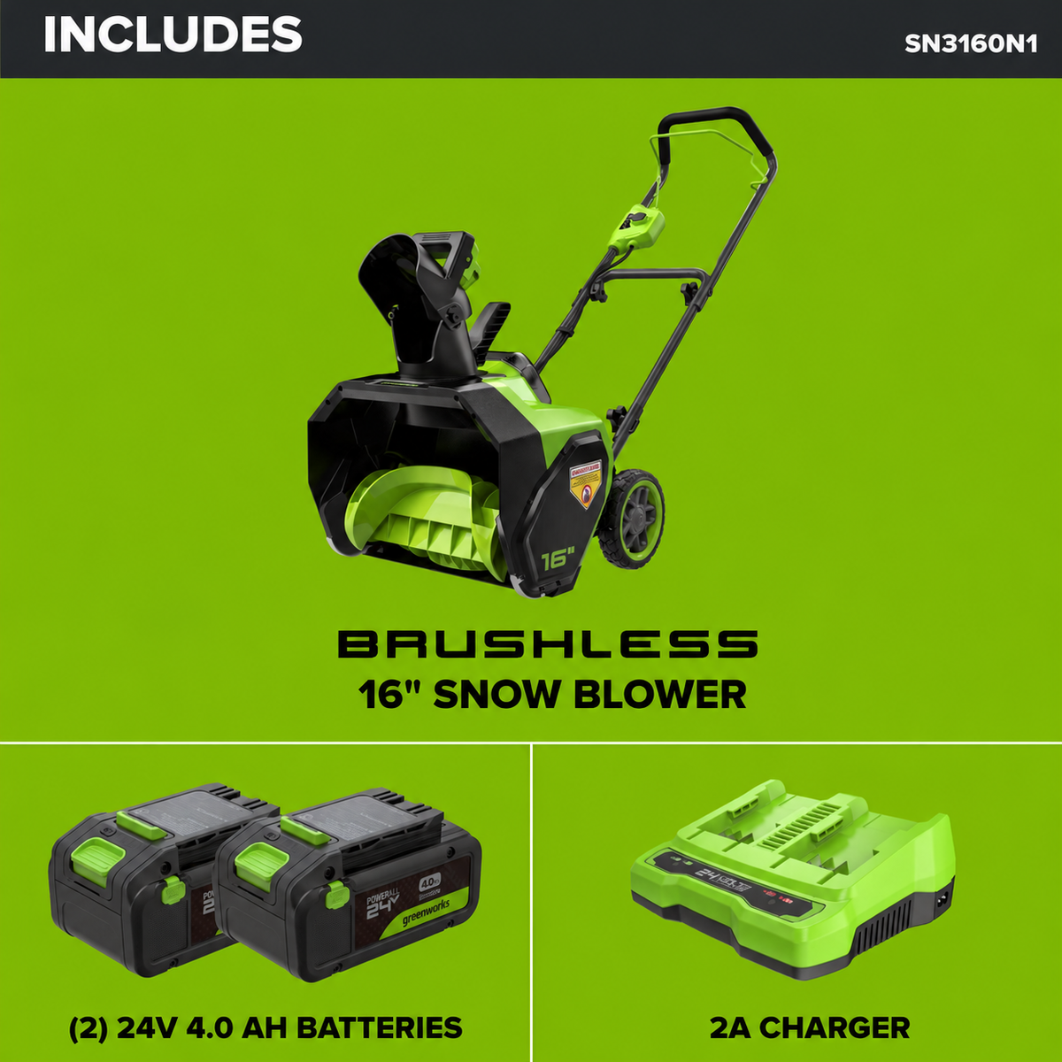 48V (24V x 2) 16" Cordless Battery Snow Blower: (2)4.0 Ah Battery and Charger