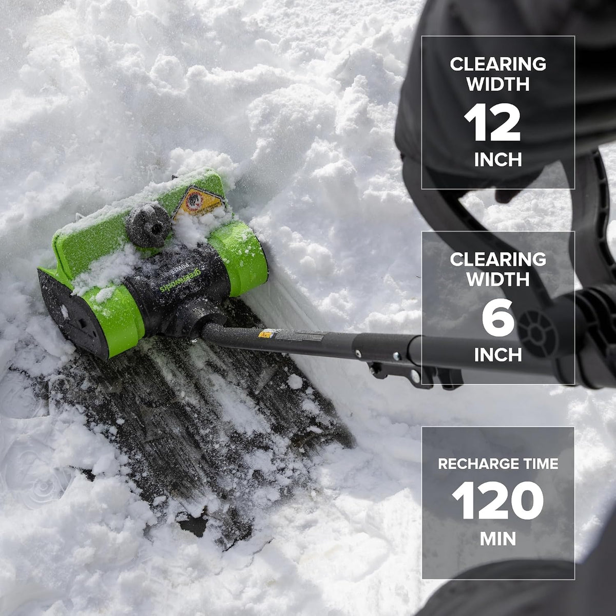 24V 12" Cordless Battery Snow Shovel with Directional Vanes: (1) 24V 4.0 Ah Battery, (1) 2A Charger