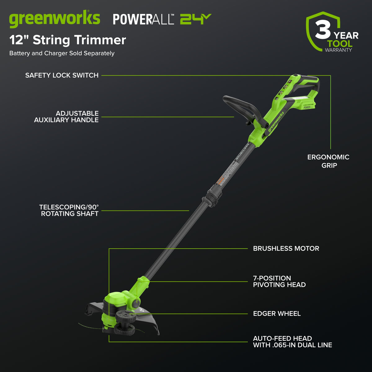 24V 12" Cordless Battery Brushless String Trimmer/Edger (Tool Only)