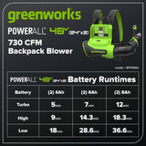 48V (24V x 2) 730 CFM Cordless Battery Dual-Port Backpack Blower: (2) 8.0 Ah Battery, 100W Charger and (2) 3-Ft Cables