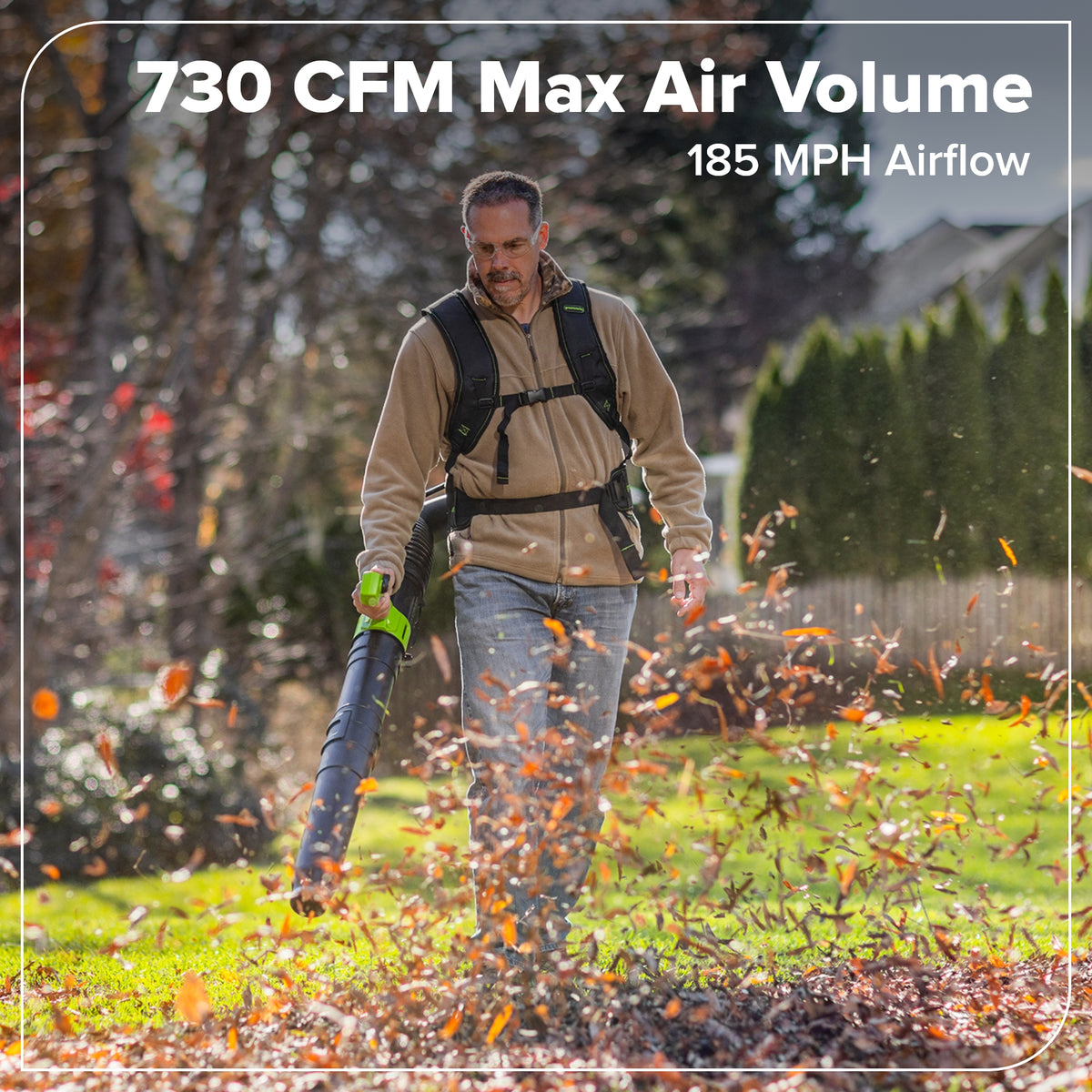 48V (24V x 2) 730 CFM Cordless Battery Dual-Port Backpack Blower: (2) 8.0 Ah Battery, 100W Charger and (2) 3-Ft Cables