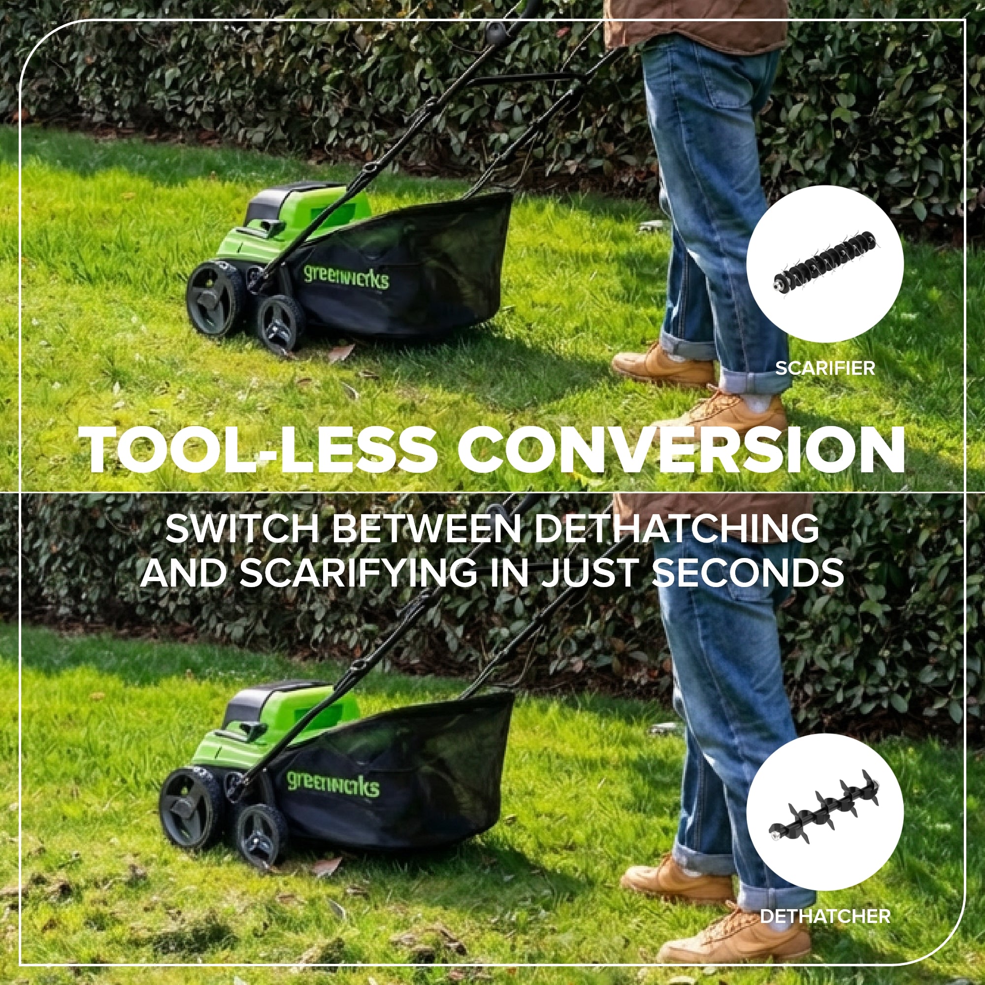 48V (24V x 2) 15" Cordless Battery Dethatcher/Scarifier: (2) 4.0Ah Batteries, (1) 65W Charger, (2) 100W Cables