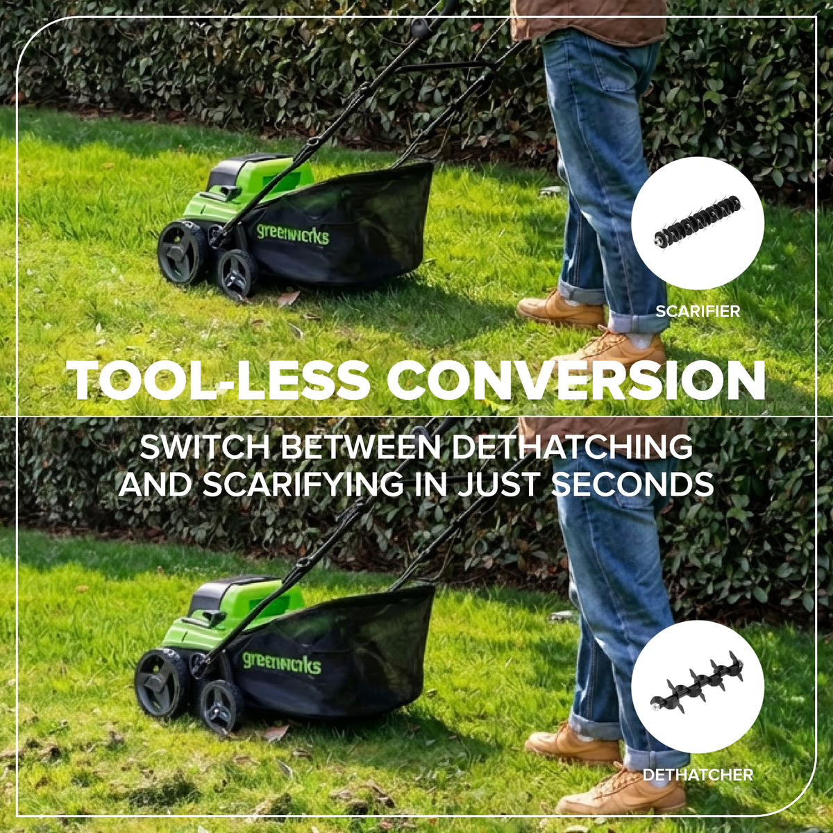 48V (24V x 2) 15" Cordless Battery Dethatcher/Scarifier: (2) 4.0Ah Batteries, (1) 65W Charger, (2) 100W Cables