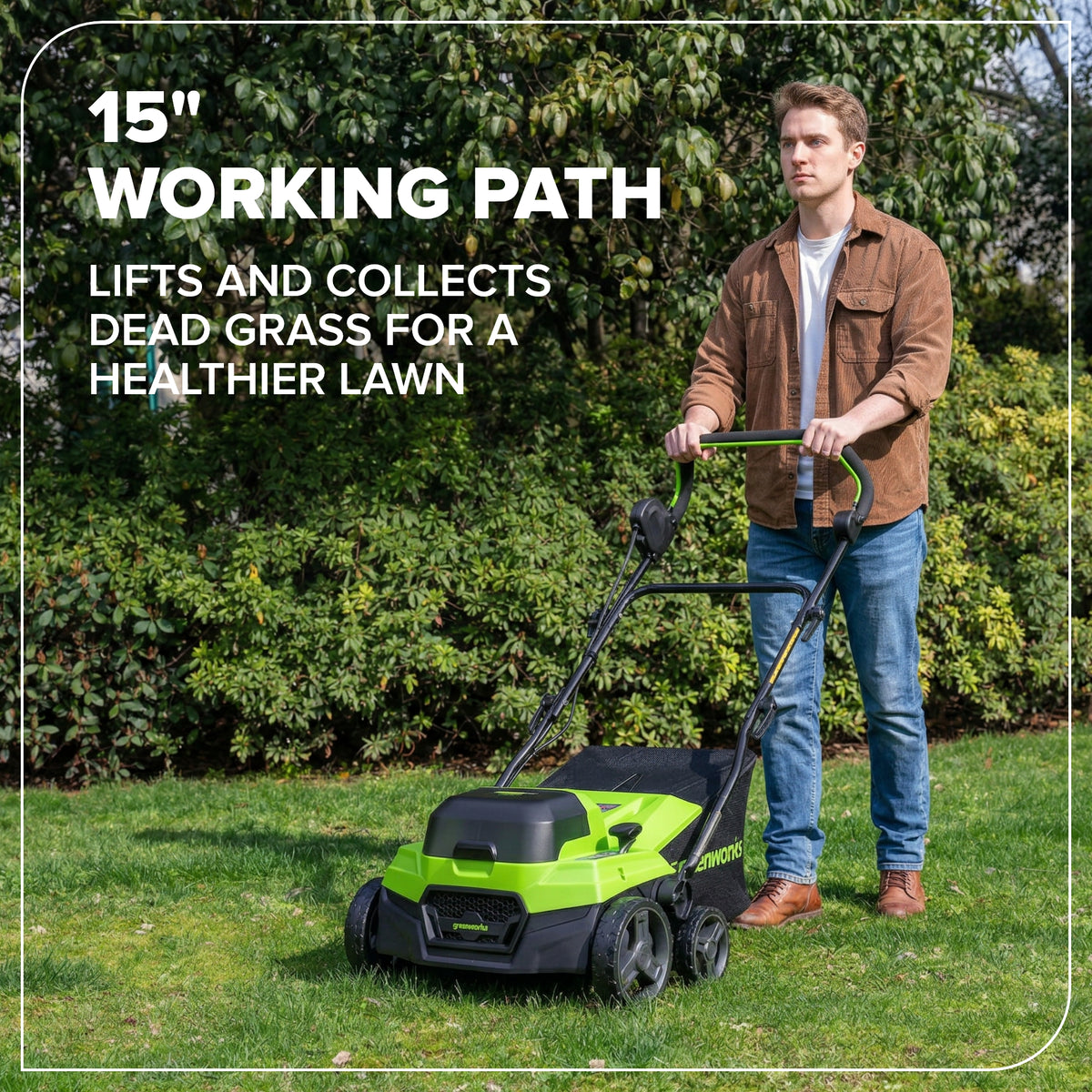 48V (24V x 2) 15" Cordless Battery Dethatcher/Scarifier: (2) 4.0Ah Batteries, (1) 65W Charger, (2) 100W Cables