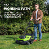 48V (24V x 2) 15" Cordless Battery Dethatcher/Scarifier: (2) 4.0Ah Batteries, (1) 65W Charger, (2) 100W Cables