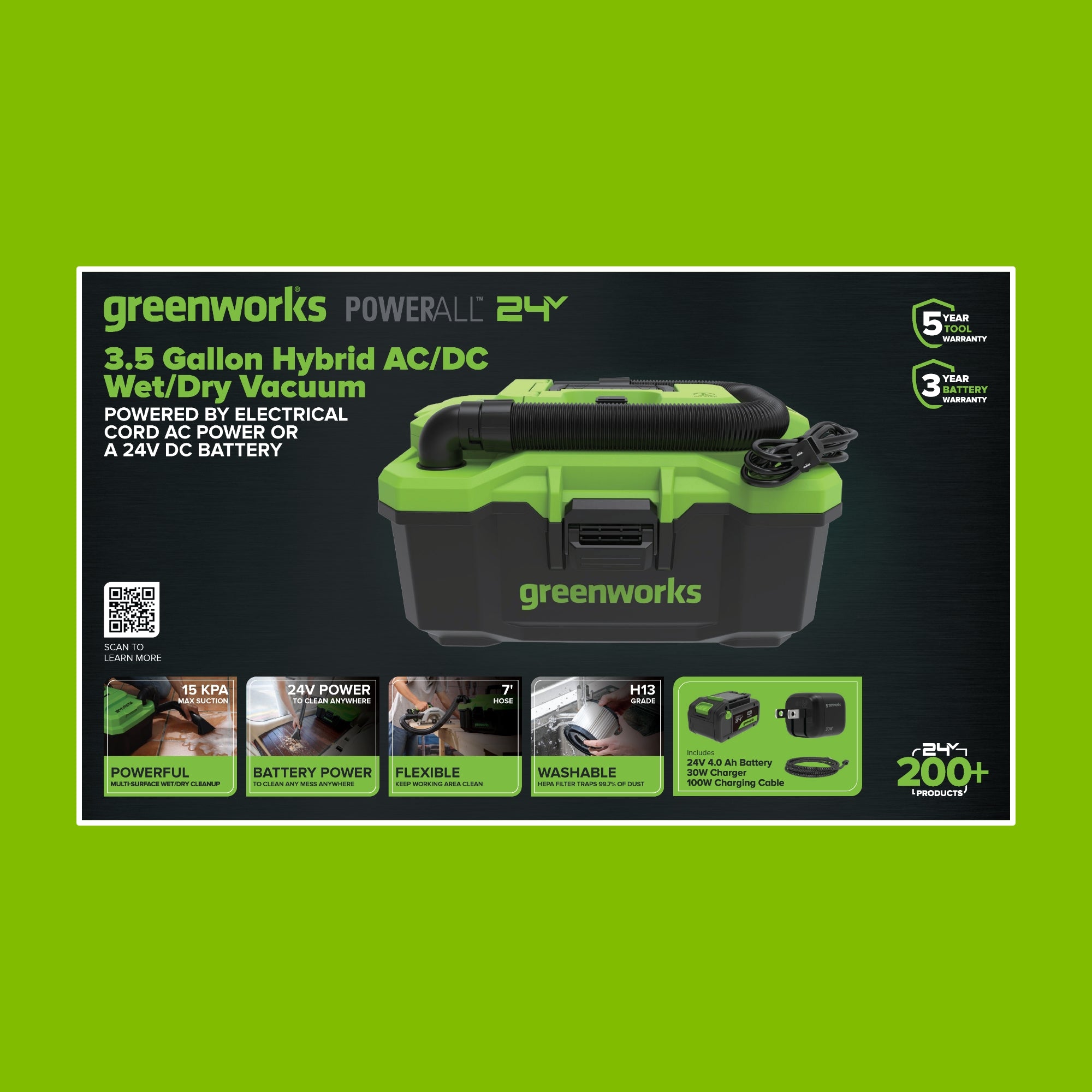 24V 3.5-Gal AC/DC Wet/Dry Vacuum: 4.0 Ah USB-C Battery and 30W Charger