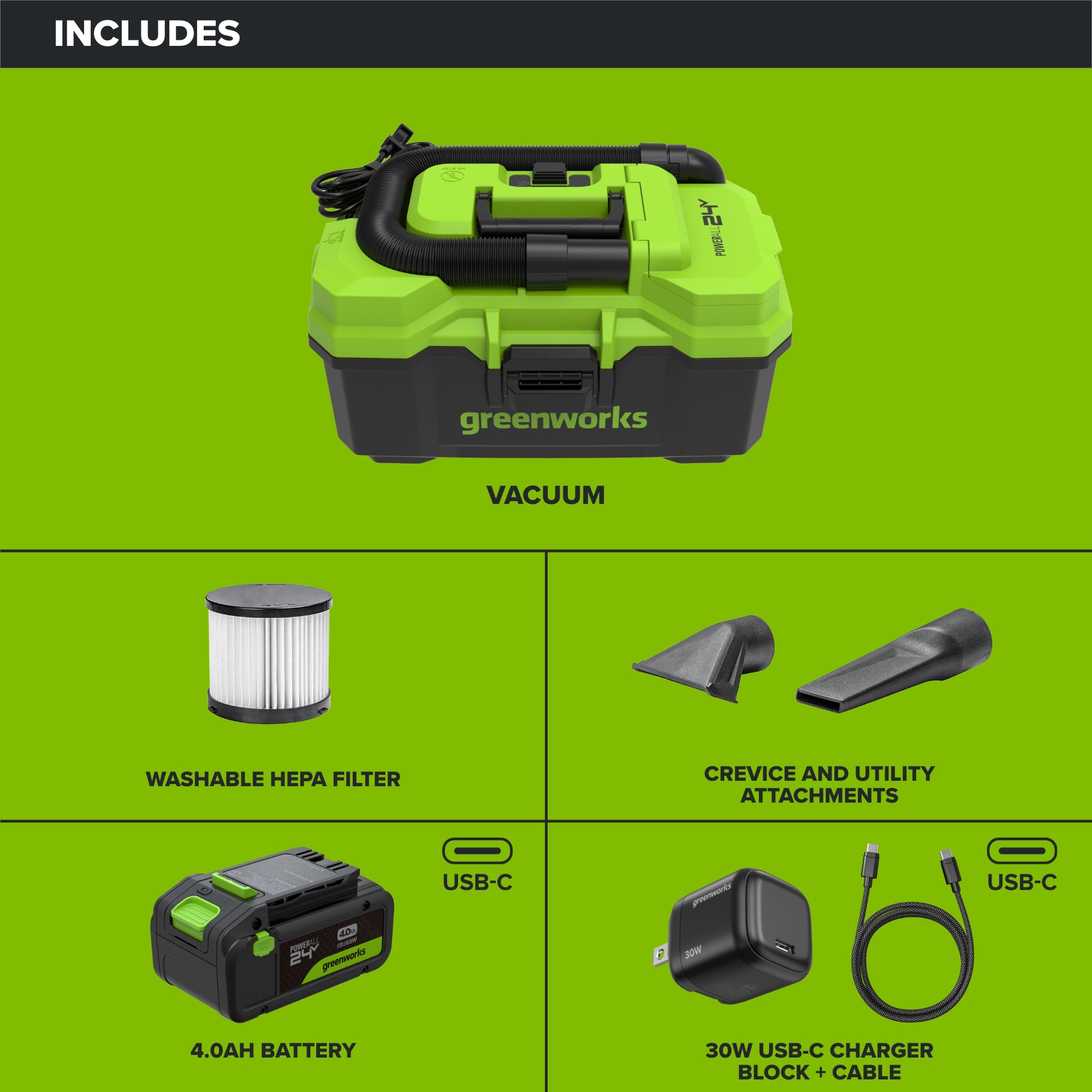 24V 3.5-Gal AC/DC Wet/Dry Vacuum: 4.0 Ah USB-C Battery and 30W Charger