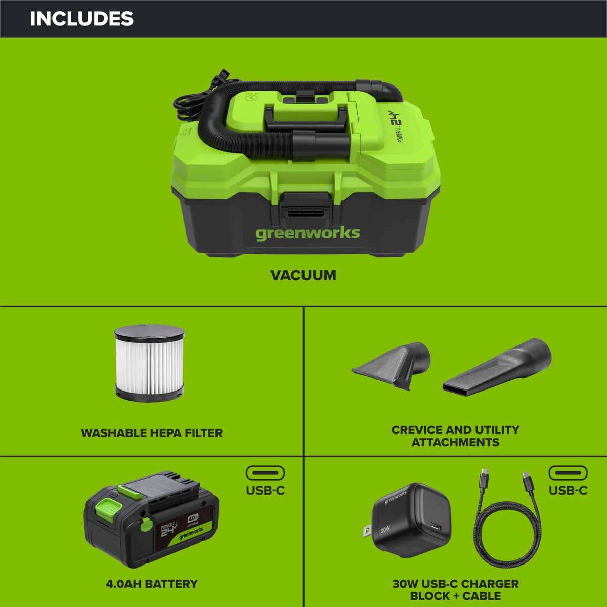 24V 3.5-Gal AC/DC Wet/Dry Vacuum: 4.0 Ah USB-C Battery and 30W Charger