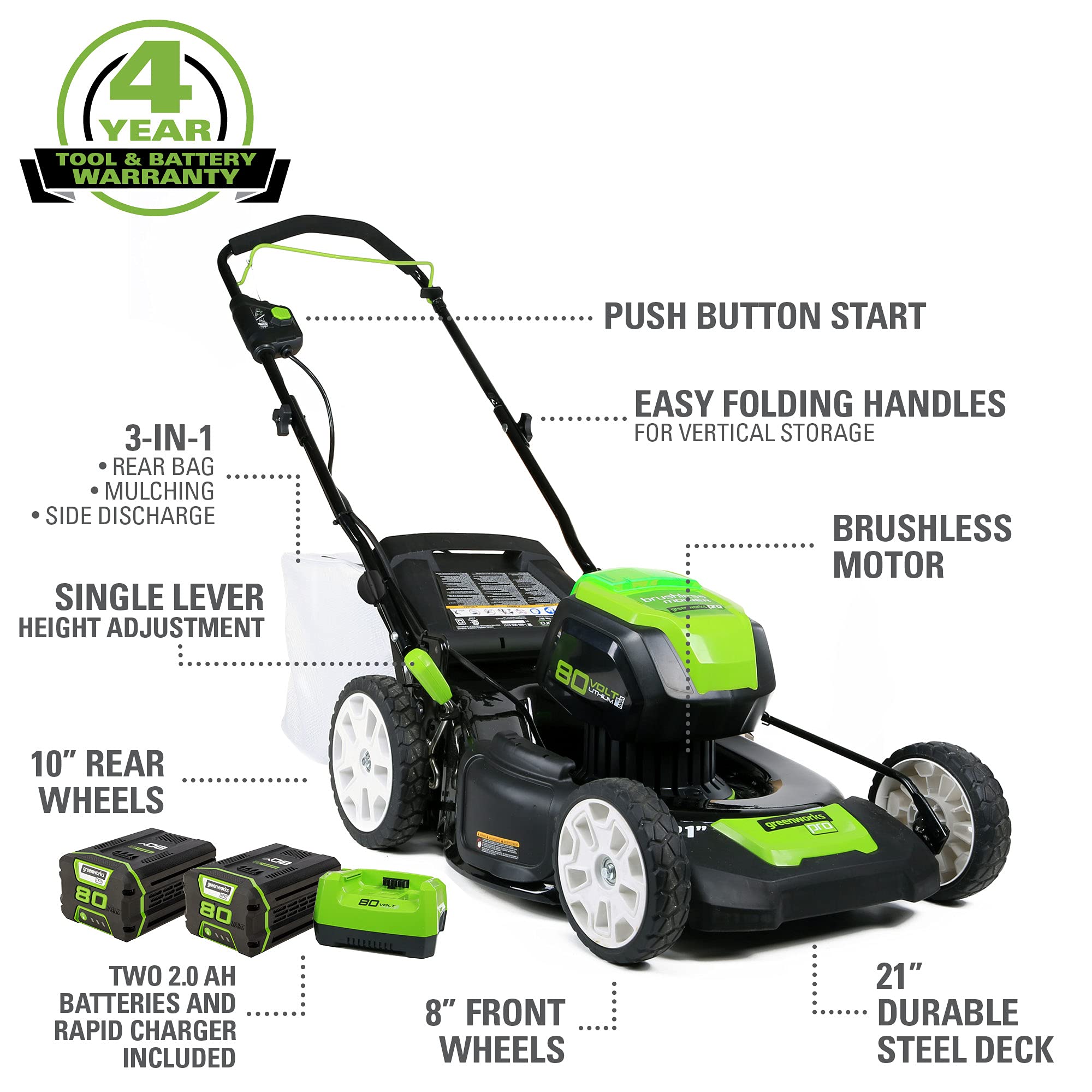Pro 80V 21" Brushless Push Lawn Mower w/ (2) 2.0Ah Batteries & Rapid Charger