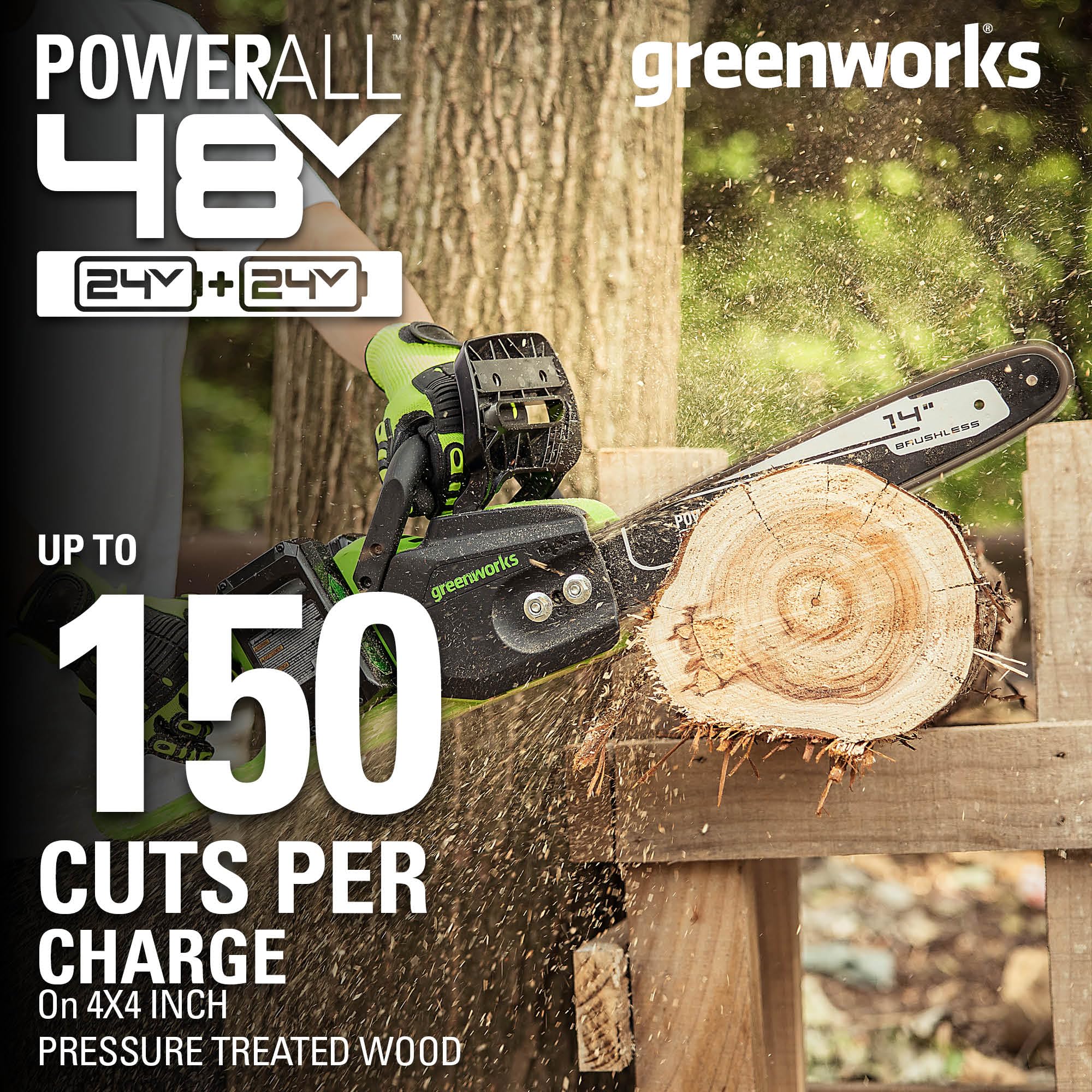 48V (24V x 2) 16" Cordless Battery Chainsaw: (2) 4.0 Ah USB Batteries and Dual-Port Charger