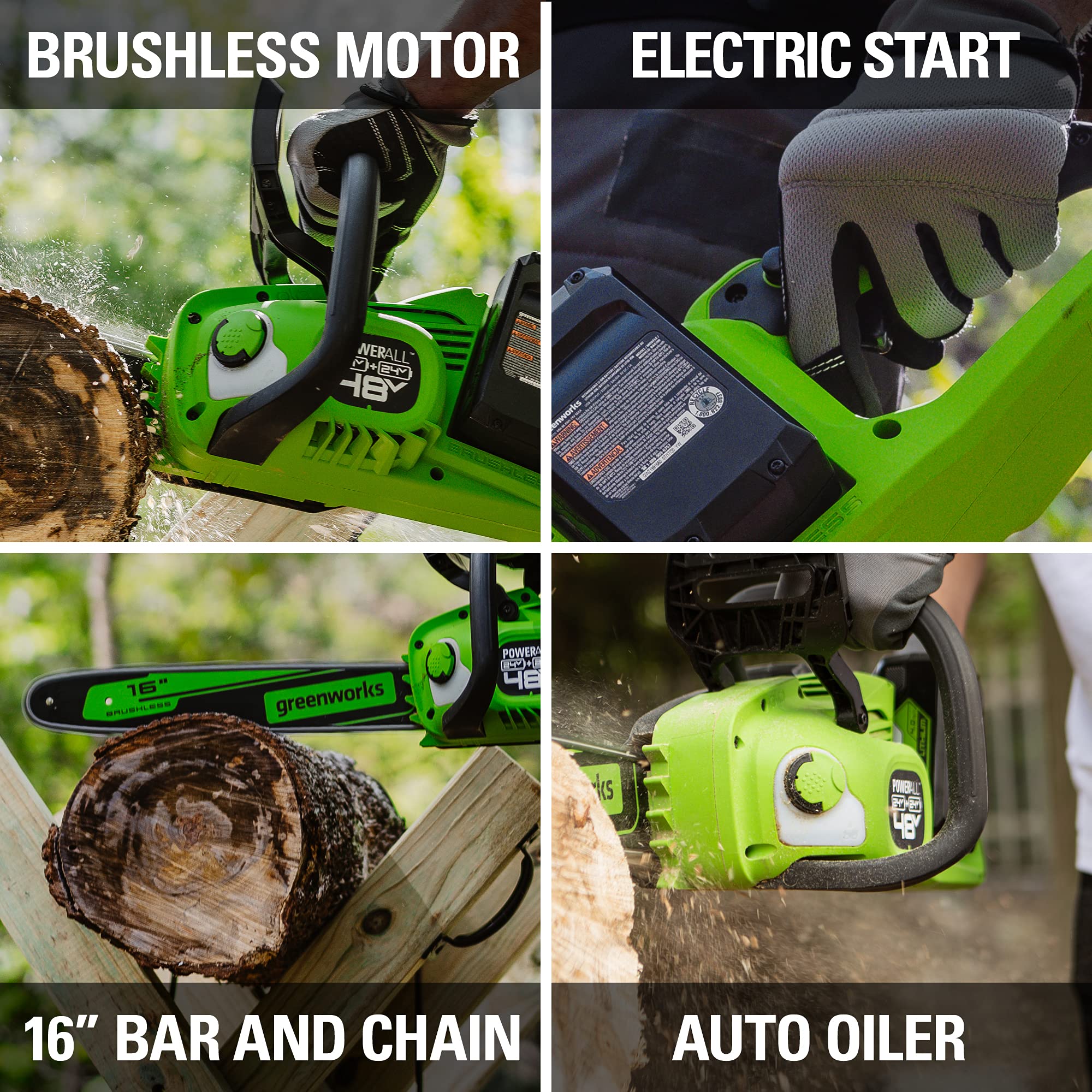 48V (24V x 2) 16" Cordless Battery Chainsaw: (2) 4.0 Ah USB Batteries and Dual-Port Charger