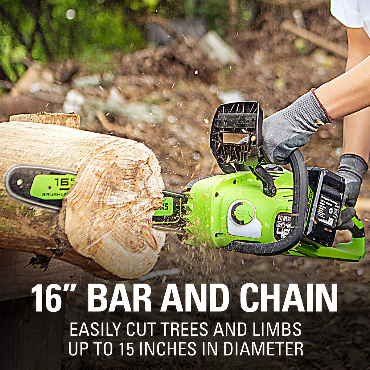 48V (24V x 2) 16" Cordless Battery Chainsaw: (2) 4.0 Ah USB Batteries and Dual-Port Charger
