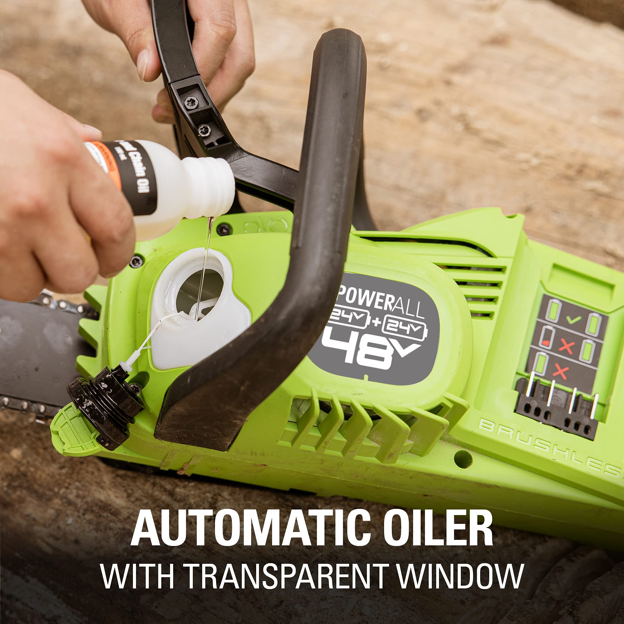 48V (24V x 2) 16" Cordless Battery Chainsaw: (2) 4.0 Ah USB Batteries and Dual-Port Charger