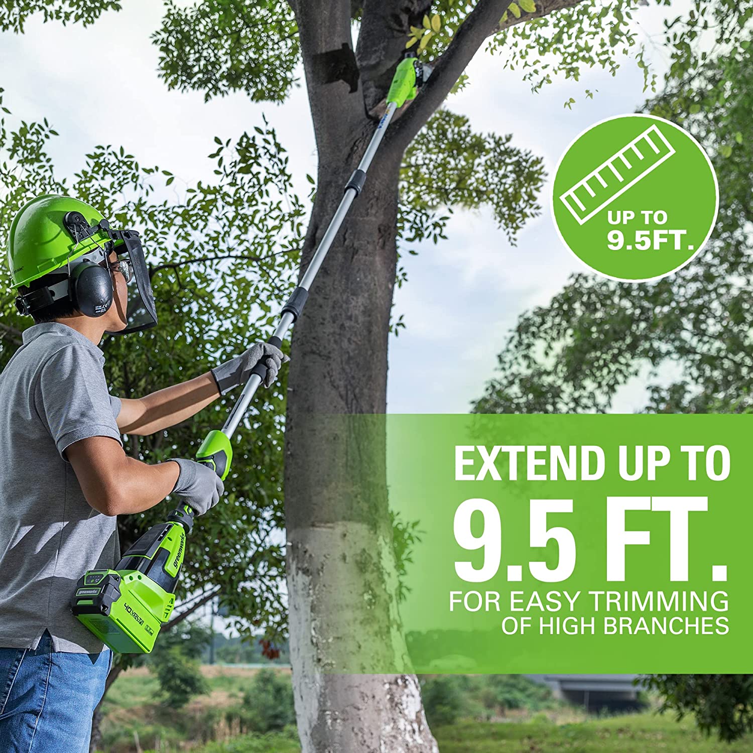 40V 10" Cordless Battery Pole Saw and Hedge Trimmer Attachment: 2.5 Ah Battery and Charger