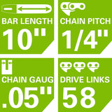 10" Pole Saw Chain, 1/4" Pitch, .050" Chain Gauge and 58 DL