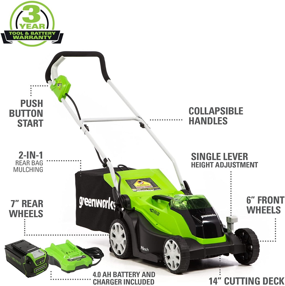 40V 14" Cordless Battery Push Lawn Mower: 4.0 Ah Battery and Charger, LM1404